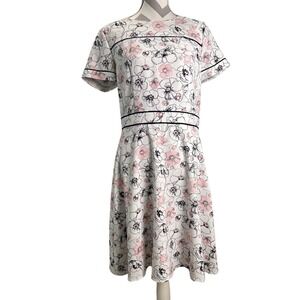 Brooks Brothers Floral Print Fit & Flare Dress White Pink Black Trim Size 10